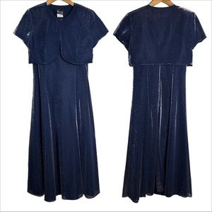 Dark Blue Silver Maxi Dress Bolero Jacket Set 13/14